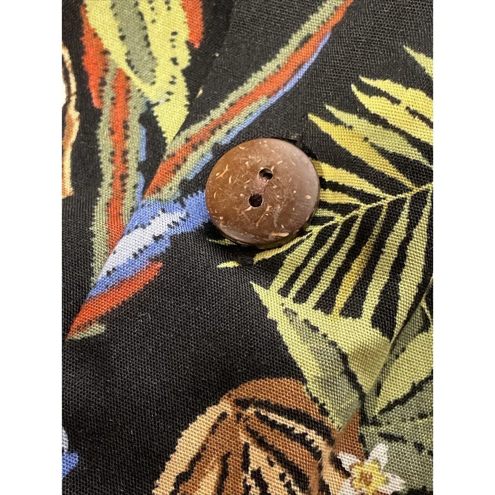 High Surf Island Men's Hawaiian Shirt L Black‎ W/Parrots & Coconuts Floral